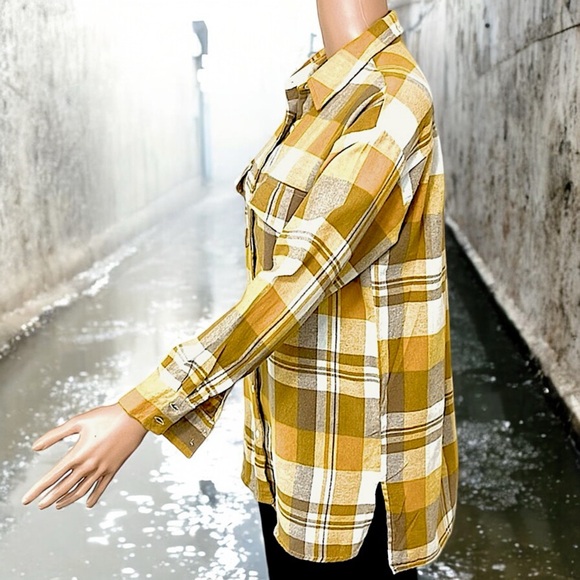 PaperMoon Mustard Flannel Plaid Oversized Button Down Shirt - Picture 9 of 16